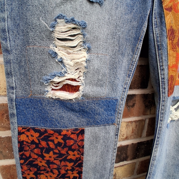 Free People We The Free Belladonna Patchwork Bootcut Jeans Boho Distressed Denim - Picture 6 of 14